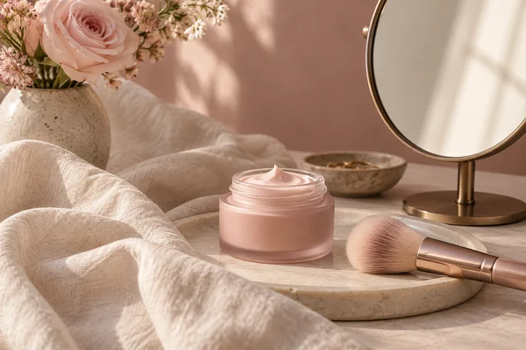 A cream jar, makeup brush and angled mirror on a softly lit vanity.